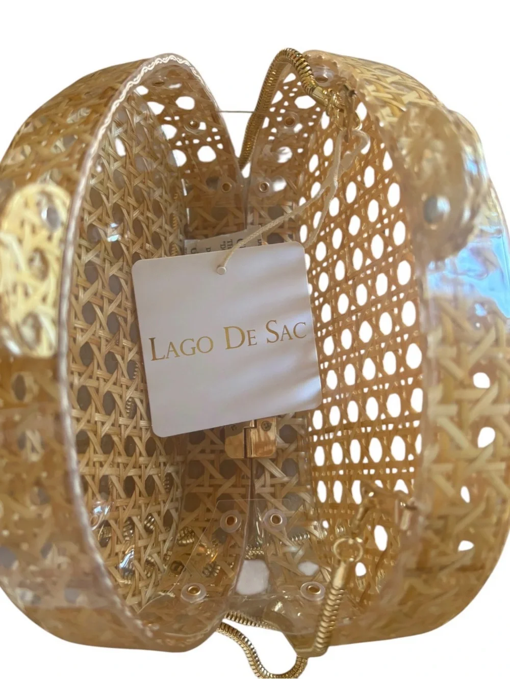 Lago De Sac Woven Rattan Acrylic Clutch Bag Gold Chain Strap Boho Cottagecore